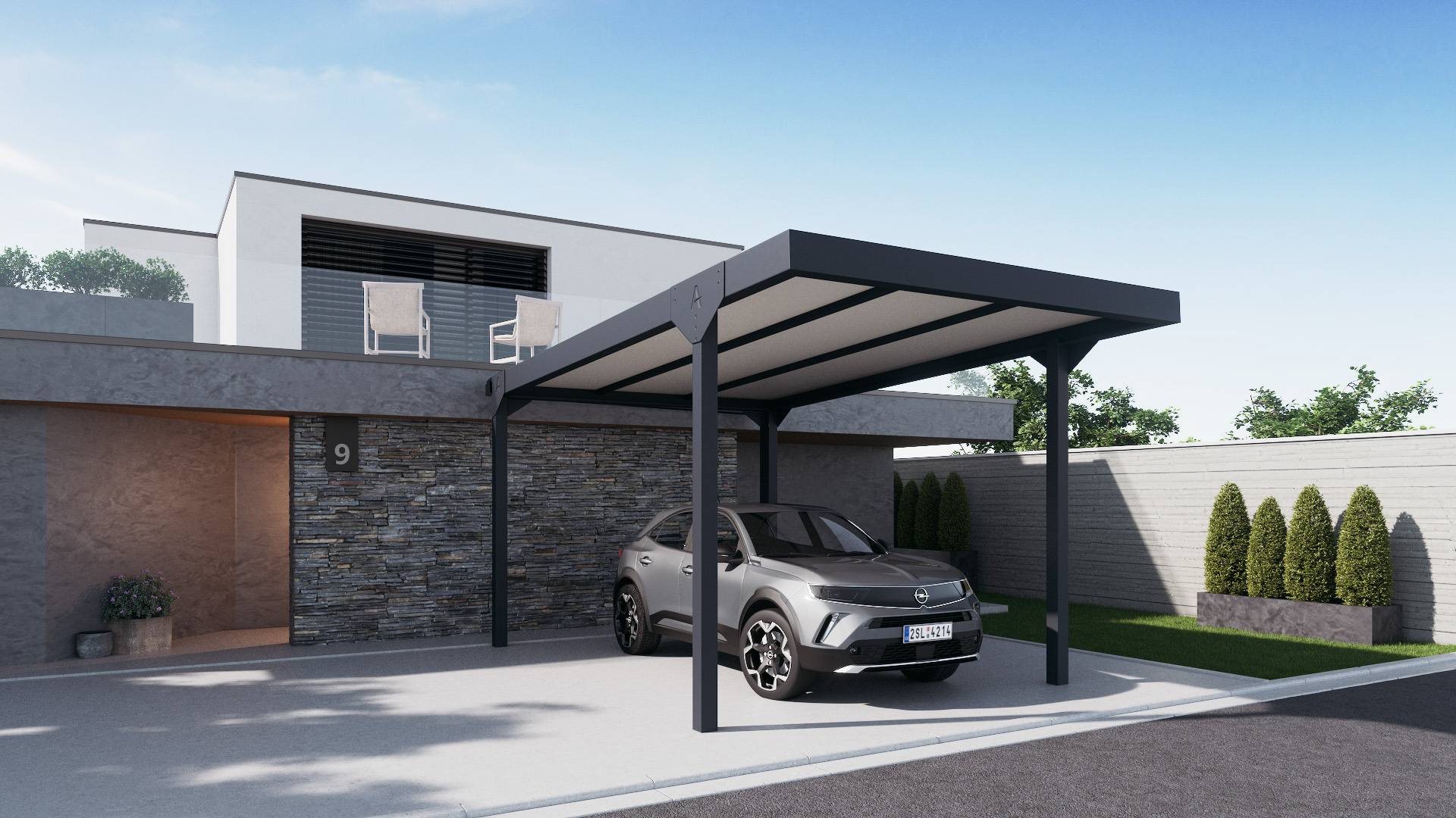Voiture moderne sous carport de maison contemporaine